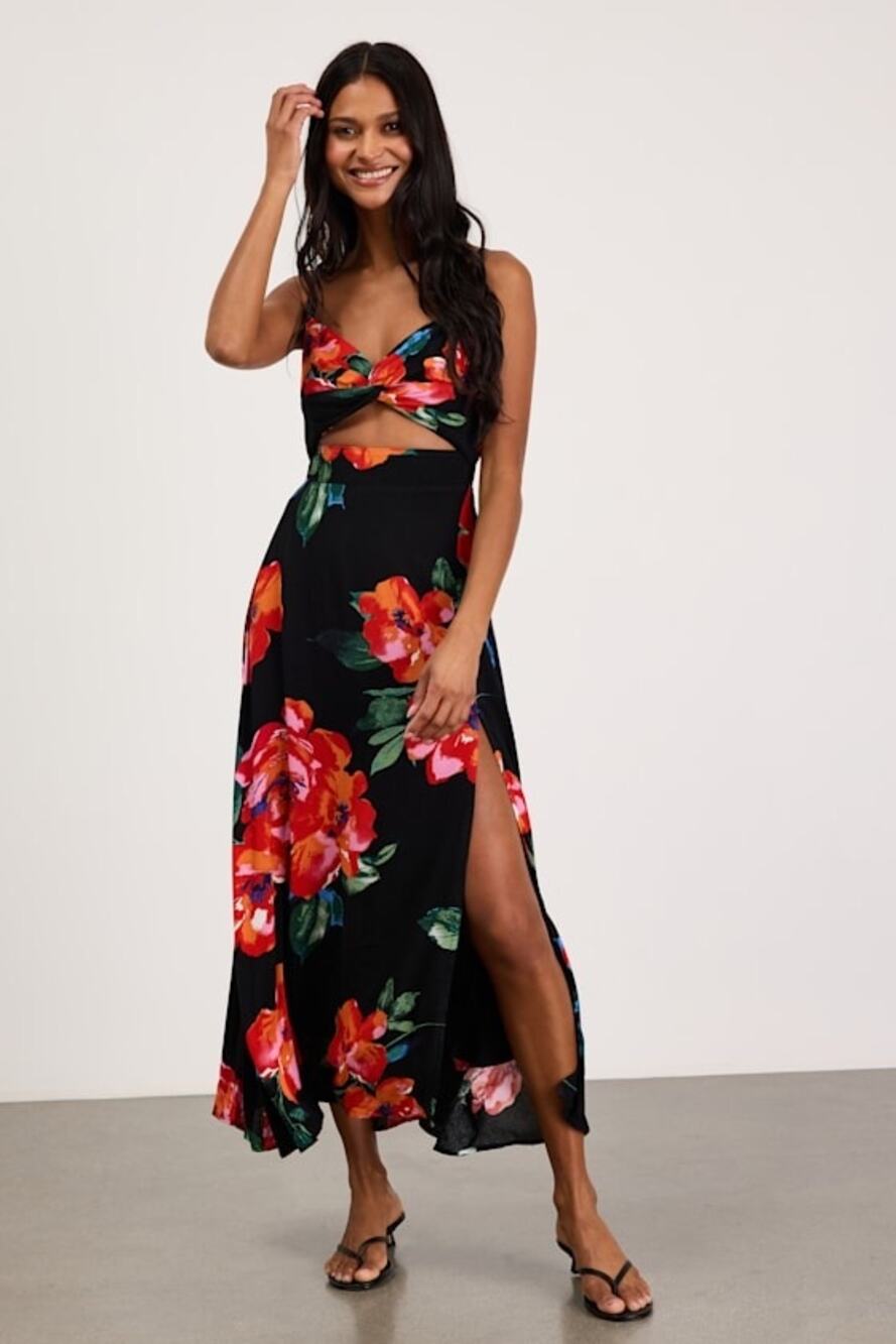 New Lulus Tropical Black Floral Print Tie-Back Cutout Dress Size XS MSRP $69
